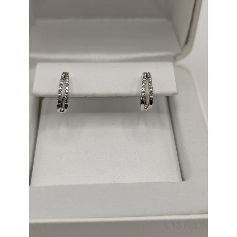 Sterling Silver 1/10 CT Diamond Double Row Hoop Earrings Split Huggie Latch Back